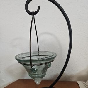 Antique Green Glass Planter and Cast Iron Stand 12.5" Tall.